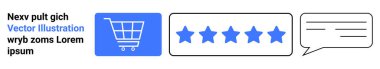 Mavi alışveriş arabası, beş yıldızlı derecelendirme ve e-ticareti, reytingleri, geri bildirimi, kullanıcı ilişkilerini, çevrimiçi platformları, müşteri memnuniyetini ve basit bir iniş sayfasını sembolize eden konuşma balonu.