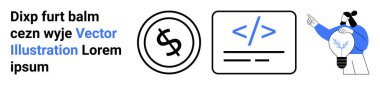 Yüzen bir ampulü, dolar simgesini ve HTML kodlama işaretini işaret eden kişi, yenilikçi düşünme, programlama kavramları, finansal fikirler ve dijital dönüşüm için mecazi anlamda. Teknoloji için ideal