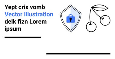 Kiraz kaplamasının yanında kilit sembolü olan bir kalkan. Doğa, koruma, veri gizliliği, tarım, teknoloji, minimalizm ve düz iniş sayfası afişi için ideal