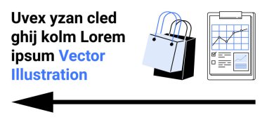 Alışveriş torbaları, büyüme grafikli analiz panosu ve solu gösteren büyük bir ok. Pazarlama, perakende, e-ticaret, iş planlaması, strateji, navigasyon düz iniş sayfası afişi için ideal