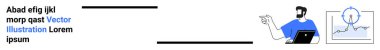 Adam dizüstü bilgisayar tutuyor ve büyüme eğilimlerini gösteren bir çizelgeyle ekranı işaret ediyor. Veri sunumu, analiz, iş stratejisi, teknolojik yenilik, eğitim, eğitim, düz iniş için ideal