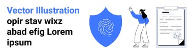 Parmak izli kalkan, veri korumasını açıklayan kişi ve belge doğrulama. Siber güvenlik, veri gizliliği, kimlik doğrulama, uyum, güvenli işlemler, yasal anlaşmalar için idealdir.
