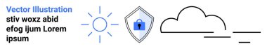 Güneş, kalkan, kilit, bulut ve bağlantı hatları siber güvenlik ve veri korumasını gösteriyor. Bulut depolama, gizlilik, teknoloji, ağ güvenliği, yazılım yeniliği düz iniş için ideal