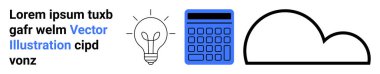 Yeniliği sembolize eden ampul, hesaplama ve analitik için hesap makinesi ve teknoloji veya veri depolama için bulut. Teknoloji, finans, fikirler, eğitim, yenilik, bulut depolama için ideal