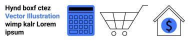 Hesap makinesi, alışveriş arabası, para işaretli ev ikonu. Finans, bütçe, ticaret, emlak tasarrufu için ideal bir yer. Basit bir iniş sayfası. Çizgi benzetmesi. Basit satır simgeleri