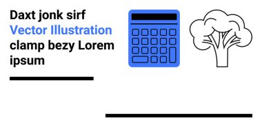 Mavi hesap makinesi, siyah ağaç taslağı ve yer tutucu metin düzenlemesi. Eğitim, finans, minimalizm, çevre, teknoloji, veri ve basit iniş sayfası için ideal