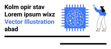 İnsan figürü beyin-esinlenilmiş işlemci, yapay zeka ve makine öğrenmesini açıklıyor. Eğitim, yenilik, programlama, teknoloji, yaratıcılık, fütüristik tasarımlar, basit iniş sayfası