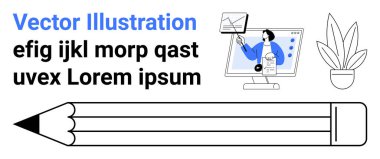 Bilgisayarda grafikler sunan kişi, büyük kalem yaratıcılığı vurgular, saksı bitkisi dekor ekler. Eğitim, iş, yaratıcılık, sunumlar, analitik çalışma alanı tasarımı için idealdir. Düz iniş