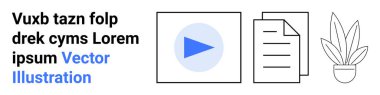 Çerçevede video oynatma düğmesi, istiflenmiş kağıtlar ve saksı bitkisi. Medya, dosya depolama, e-öğrenme, sunumlar, çalışma alanları, dijital içerik ve düz iniş sayfası afişi için ideal