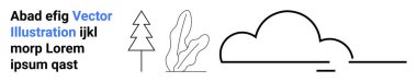 Basit siyah ve mavi çizgi bulut, ağaç ve bitki doğa ve metin sanatını birleştiren metin elementleriyle. Minimalizm, doğa temaları, modern tasarım, soyut kavramlar, temiz grafikler, dijital