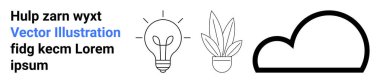 Işıklı ampul, yapraklı saksı bitkisi ve bulut simgesi yer tutucu metnin yanında birlikte dizilmiş. Yenilik için ideal, doğa, sürdürülebilirlik, yaratıcılık, hava durumu, teknoloji eğitim dairesi