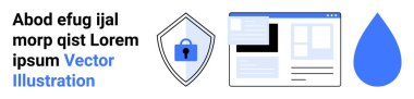 Kilitli bir kalkan, web sayfası arayüzü ve su damlası ile güvenlik ve sıvı tasarımı birleştirin. Siber güvenlik, web tasarımı, çevrimiçi mahremiyet, teknoloji blogları, su temaları, marka düz iniş sayfası için ideal