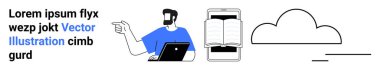 Adam dizüstü bilgisayar kullanırken işaret ediyor, akıllı telefon ekranında açık kitap ve bulut simgesi. Teknoloji, eğitim, e-öğrenme, bulut depolama, veri, dijital araçlar düz iniş sayfası pankartı için ideal