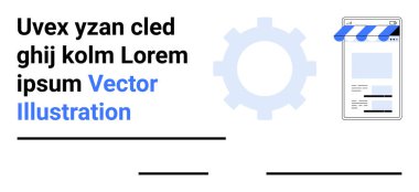Mavi dişli, metin ve tente taşıma teknolojisi, e-ticaret ve takım çalışması fikirleriyle çevrimiçi mağaza arayüzü. İşlem görselleştirme, yenilik, eğitim, iş akışı perakende pazarlama için ideal