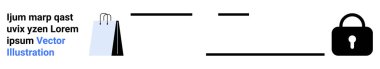 Siyah alışveriş torbası ve kilit minimalist çizgilerle birleşince tüketici güvenliği, güvenli ödemeler ve veri koruması anlamına geliyor. E-ticaret, dijital güvenlik, çevrimiçi ödemeler, gizlilik kavramları için ideal