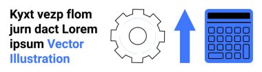 Dişliler, mavi yukarı doğru ok, ve hesap makinesi gelişimi, yeniliği ve analitiği simgeliyor. İş, teknoloji, mühendislik, finans stratejisi planlaması ve sade iniş sayfası için ideal
