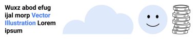 Bozuk para ve bulutun yanında mutlu yüz. Finans, tasarruf, teknoloji, iyimserlik, bulut depolama, girişimcilik ve basit iniş sayfası için ideal. Çizgi benzetmesi. Basit satır simgeleri