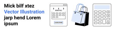 Abonelik düğmesi, alışveriş çantaları ve abonelik hizmetleri, alışveriş ve finans yönetimi ile takvim arayüzü. E-ticaret, bütçe, fintech, alışveriş tüketicisi için ideal
