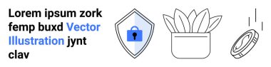 Güvenlik kalkanına kilit, büyümek için çömleğe yapraklı bitki ve işlemler için bozuk para. Güvenlik, finans, güven, ekonomi, yatırım koruması dijital varlıklar için idealdir. Düz iniş sayfası