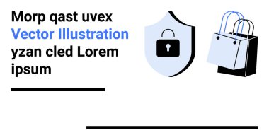 Kilit sembollü kalkan, alışveriş çantalarının yanında güvenliği de temsil ediyor. Çevrimiçi alışveriş, siber koruma, ödeme güvenliği, dijital ticaret, perakende güvenliği, tüketici güveni, düz iniş için ideal