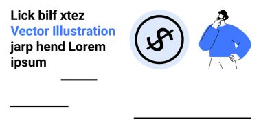 Çemberdeki bir dolar işaretinin yanında düşünen adam, finansmanı temsil ediyor. Strateji, ekonomi, iş, pazarlama, mali planlama, yenilik, basit iniş sayfası için ideal