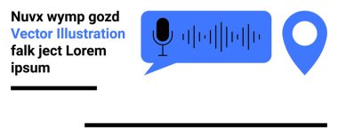 Mikrofon ikonu ve ses dalgası desenli mavi konuşma balonu, konum pimi ile eşleştirilmiş. Ses teknolojisi, navigasyon, uygulamalar, yapay zeka, iletişim, ses analizi ve basit iniş sayfası için ideal