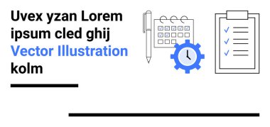 Kalem, kontrol listesi, dişli saat tasarımı, planlama, görev yönetimi ve verimliliği destekleyen takvim. Strateji, organizasyon, iş akışı zaman yönetimi takım çalışması için ideal basit