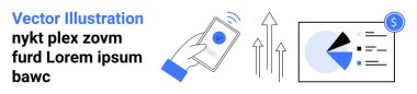 Ödeme onaylı akıllı bir telefon, büyümeyi gösteren yukarı doğru oklar ve finansal bir pasta grafiği. İş, finans, veri analizi, bankacılık, mobil ödeme, dijital büyüme için ideal
