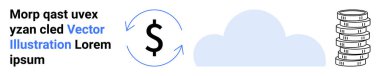 Yuvarlak oklu dolar işareti, bulut şekli ve bozuk para yığını. Finans, bulut teknolojisi, tasarruf, fintech, yatırımlar, ekonomik büyüme ve basit iniş sayfası için ideal