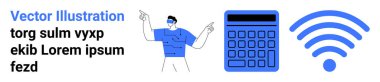 Elleriyle işaret eden adam, büyük hesap makinesi ve kablosuz sinyal simgesi. Teknoloji, iletişim, uzaktan çalışma, eğitim, veri analizi için ideal, basit iniş sayfasını finanse etmek