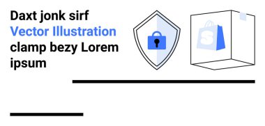 Kilit kalkanı ve e-ticaret paketi olan güvenli bir alışveriş konsepti. Siber güvenlik, çevrimiçi alışveriş, ödeme yöntemleri, e-ticaret, gizlilik koruması, veri bütünlüğü, düz iniş sayfası için ideal