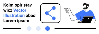 Dijital veri paylaşım simgesini gösteren kişi, yanında yer tutucu metin, satır ve noktalar var. Teknoloji, uygulama tasarımı, eğitim, veri paylaşımı, iletişim minimalist medya düzleşmesi için ideal