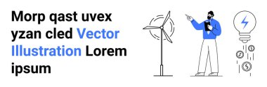 Analizci rüzgar türbininin faydalarını pano, büyüyen para sembolleri ve elektrik ampul ikonu ile sunuyor. Yenilenebilir enerji, yenilik, eko-çözümler, sunumlar, yeşil işletmeler için ideal