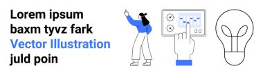 Yukarı bakan kadın, dokunmatik ekranla etkileşen el, yeniliği sembolize eden ampul. Teknoloji, eğitim, yaratıcılık, yenilik, girişimler, iş stratejisi için ideal basit iniş sayfası