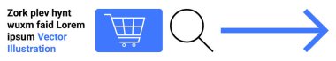Alışveriş arabası, arama için büyüteç, navigasyon için ileri ok. Çevrimiçi alışveriş, e-ticaret, web sitesi navigasyonu, ürün araması, dijital pazarlama, UI tasarım basit iniş sayfası