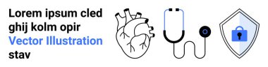Kalp çizimi, steteskop ve kalkan kilidi sağlık hizmetini, teşhisi, tıbbi güvenliği ve veri korumasını sembolize ediyor. Sağlık izleme, teletıp, hasta mahremiyeti teknolojisi ve daire için ideal