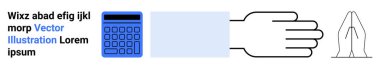 Boş bir metin alanının yanında mavi hesap makinesi, açık bir el ve dua eden eller ana hatları. Finans, teknoloji, jestler, maneviyat, basitlik, eğitim için ideal basit iniş sayfası