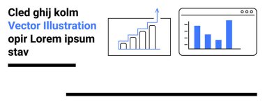 Yükselen eğilimlere sahip bar ve çizgi grafikleri tarayıcıdan esinlenilmiş arayüz elemanlarıyla eşleştirilmiştir. Analiz, büyüme, teknoloji, raporlama, iş, sunum, basit iniş sayfası için ideal