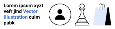 Profil simgesi, satranç piyonu taşı stratejiyi sembolize ediyor ve en küçük planda alışveriş torbası. Kişisel markalaşma, yönetim, karar verme, e-ticaret, perakende stratejisi, minimal web tasarımı için ideal