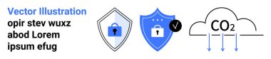 Güvenlik kavramlarını temsil eden asma kilitli iki kalkan simgesi ve aşağıya doğru oklu karbondioksit etiketli bir bulut. Siber güvenlik, veri koruması, eko-teknoloji, bulut hesaplama, sürdürülebilirlik için ideal