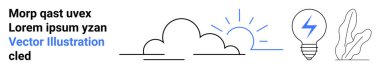 Mavi yıldırımlı ampul, bulutların arkasında yükselen güneş, soyut bitki. Yaratıcılık, eko-düşünce, yenilik, sürdürülebilirlik, enerji korunumu için ideal, basit iniş sayfası