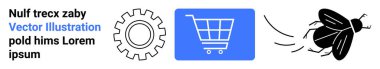 Mavi alışveriş arabası ikonu, siyah vites ve metinle birleştirilmiş uçan böcek çizimi. E-ticaret, teknoloji, verimlilik, yenilik, veri, minimalizm için ideal basit iniş sayfası