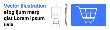 Easel, dijital bir alışveriş arabasının yanına dizilmiş resim ve boya fırçasıyla. Çevrimiçi sanat mağazası, yaratıcılık, tasarım araçları, e-ticaret, alışveriş, dijital pazar yeri, basit iniş sayfası için ideal