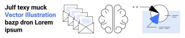 İletişimi sembolize eden e-postalı beyin, analiz için pasta grafiği ve bilgi akışı için metin. Pazarlama, strateji geliştirme, problem çözme, yenilik, eğitim, takım çalışması için ideal basit iniş sayfası