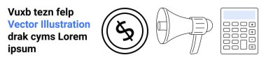Dolar işareti, megafon ve hesap makinesi finansal stratejiler ve iletişim öneriyor. Pazarlama, muhasebe, bütçe planlaması, fintech, reklamcılık, iş analizi için idealdir.