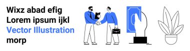 Ortaklık içinde tokalaşan iki profesyonel, akıllı bir kartı tutan dijital ödeme konsepti, çalışma alanı için bir tencerede kapalı bir bitki. İş için ideal, fintech, takım çalışması