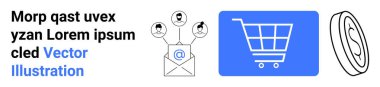 Alıcı avatarları, e-ticaret alışveriş arabası ve madeni para illüstrasyonuyla e-posta pazarlama. E-ticaret, e-posta pazarlama, reklam, satış stratejisi, iş geliştirme, basit ticaret