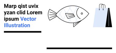 Geometrik dizaynlı balıklar, alışveriş çantasının yanında asgari stilde. Perakende markalaşma, sürdürülebilirlik, ambalaj tasarımı, pazarlama kampanyaları, ekom, deniz ürünleri, sade iniş sayfası için ideal