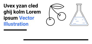 İçinde sıvı bulunan iki meyve ve bilim şişesi bulunan kiraz dalıyla yer tutucu metin eşliğinde. Gıda, bilim, minimalizm, pazarlama, ürün tasarımı, eğitim için ideal, basit iniş sayfası