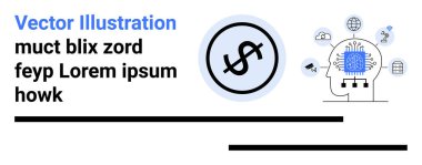 Teknolojik elementlerle çevrili bir dijital beyin simgesinin yanında dolar sembolü. AI, finans, teknoloji, yenilik, yatırım, araştırma ve basit bir iniş sayfası için ideal